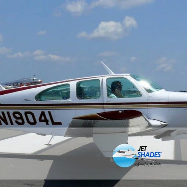 Jet Shades for Beechcraft Bonanza 35 removable tinted window and windshield shades protect pilots and passengers from harmful UV and sun glare while flying.